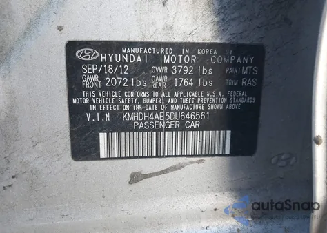 2013 Hyundai Elantra Gls/Limited from USA, damaged, VIN KMHDH4AE5DU646561